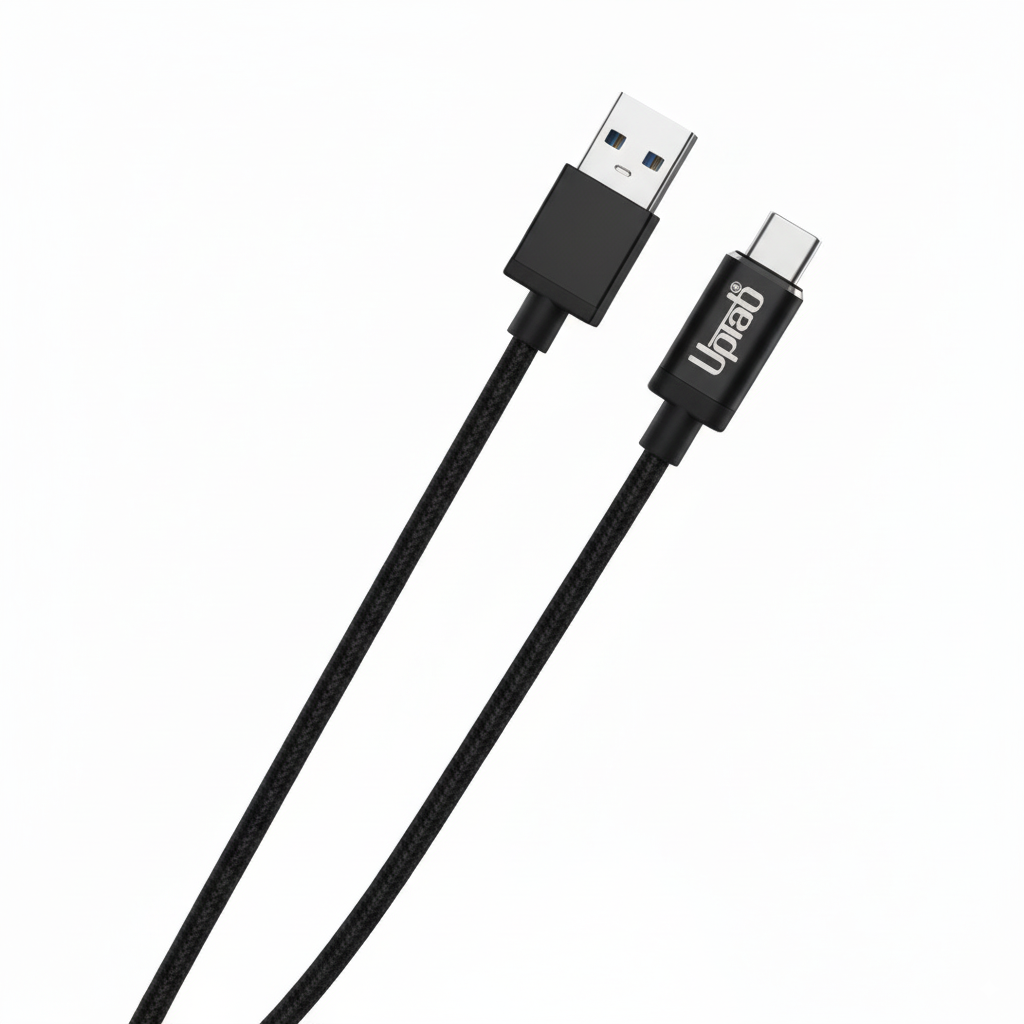 Black USB cable with one end being USB type A and the other end being USB type C, on a white background.
