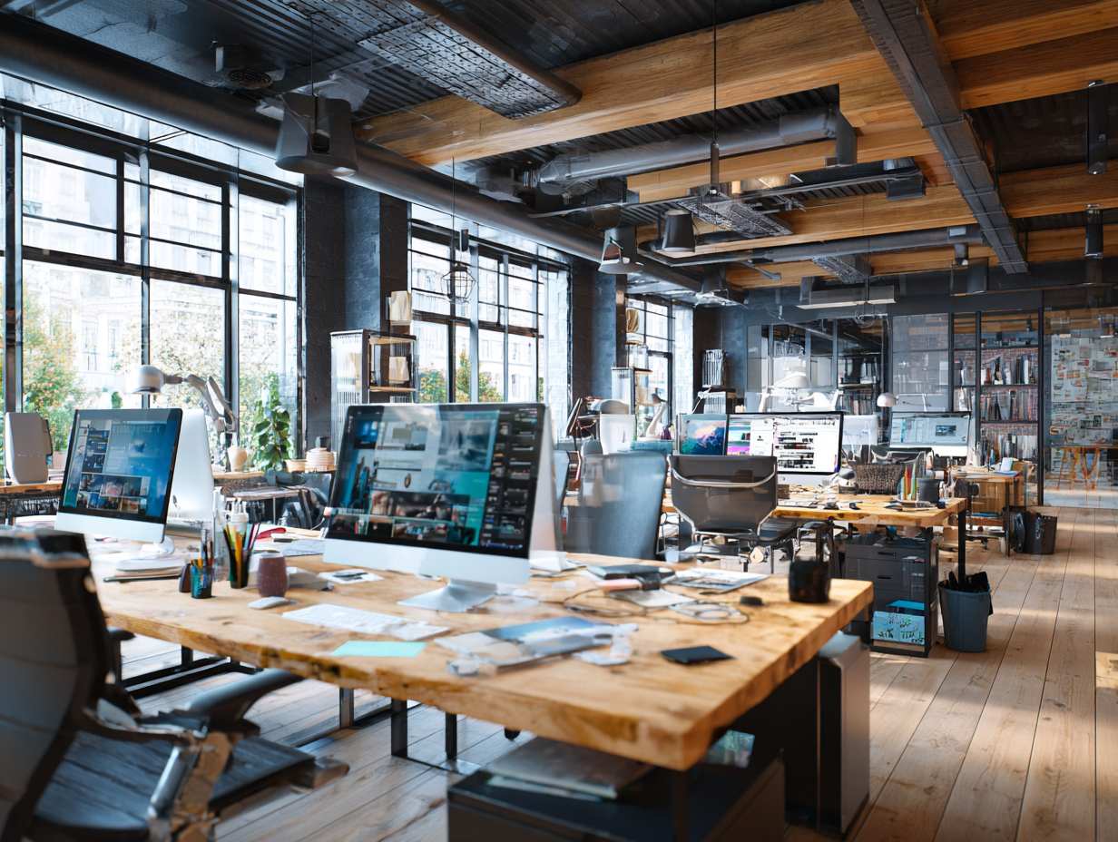 UPTab office with wooden desks, computers, and large windows.
