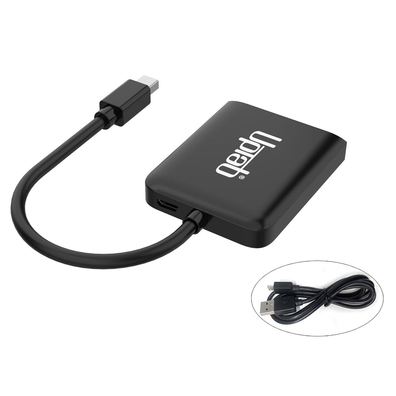 Rear view of the UPTab Mini DisplayPort to Dual HDMI 4K 60Hz Adapter highlighting its sturdy build and compact, portable design.