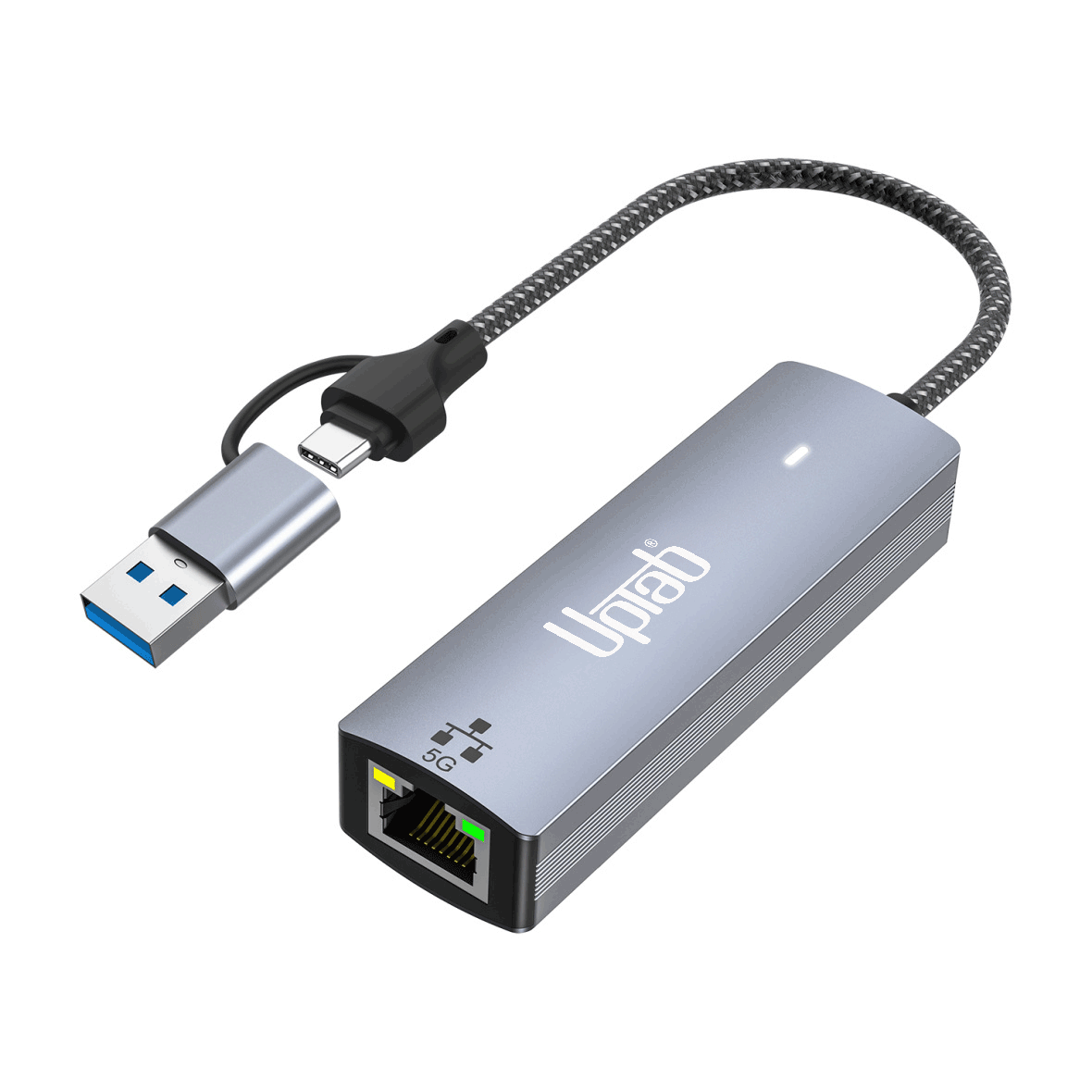 UPTab USB-C and USB-A to 5Gbps Ethernet Adapter with aluminum housing and RJ45 port – high-speed USB 3.2 network connection